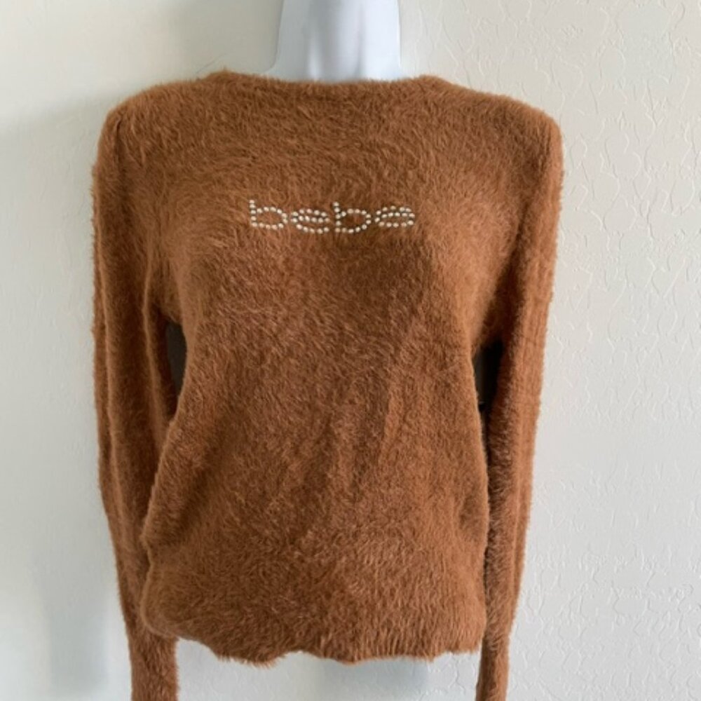 Bebe camel jeweled logo plush fuzzy sweater M NWT